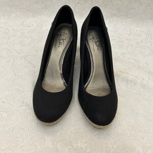 LifeStride Clementine wedge in black canvas w/cork-patterned heel sz 7.5M